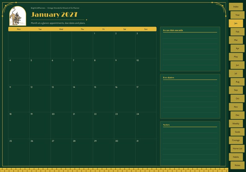 May include: A digital planner page for January 2027 with a dark green background and gold accents. It features a monthly calendar grid, sections for focus, due dates, and notes, plus side navigation tabs and a small illustration.