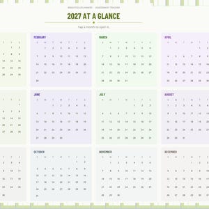 May include: A digital 2027 calendar planner page titled 2027 AT A GLANCE with twelve monthly grids in alternating light green and light purple boxes. A vertical navigation tab menu is on the right side with labels including Index, Year, Setup, Dashboard, and Homework.