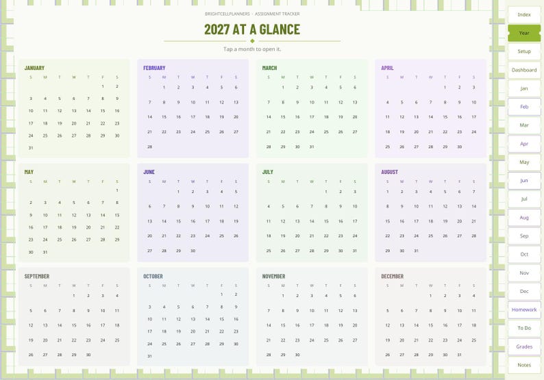 May include: A digital 2027 calendar planner page titled 2027 AT A GLANCE with twelve monthly grids in alternating light green and light purple boxes. A vertical navigation tab menu is on the right side with labels including Index, Year, Setup, Dashboard, and Homework.