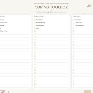 May include: A digital planner page titled COPING TOOLBOX with three columns: CALM MY BODY, CALM MY MIND, and REACH OUT. Each column features checkboxes and blank lines for notes. The left sidebar contains tabs labeled Index, Goals, Prep, Session, Homework, CBT, Toolbox, Progress, and Notes.
