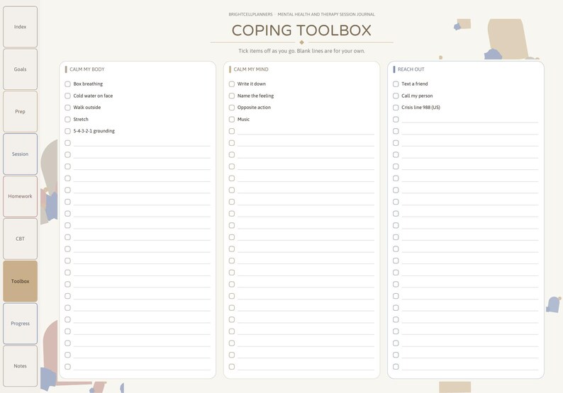 May include: A digital planner page titled COPING TOOLBOX with three columns: CALM MY BODY, CALM MY MIND, and REACH OUT. Each column features checkboxes and blank lines for notes. The left sidebar contains tabs labeled Index, Goals, Prep, Session, Homework, CBT, Toolbox, Progress, and Notes.