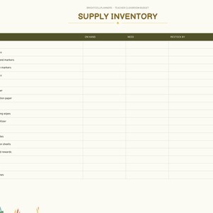 May include: A digital supply inventory tracker page with a dark olive header labeled SUPPLY INVENTORY. The table includes columns for supply items, on hand, need, restock by, and done checkboxes. Sidebar navigation lists index, budget, purchases, reimburse, grants, wish list, inventory, summary, and notes.
