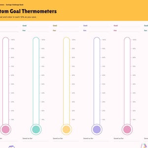 Op de afbeelding: Een spaarchallenge-pagina getiteld Custom Goal Thermometers met zes verticale thermometer-afbeeldingen. Elke thermometer heeft procentuele markeringen van 10% tot 100%, met ruimte om een doel en het gespaarde bedrag in te vullen.