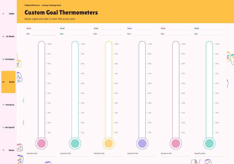 Op de afbeelding: Een spaarchallenge-pagina getiteld Custom Goal Thermometers met zes verticale thermometer-afbeeldingen. Elke thermometer heeft procentuele markeringen van 10% tot 100%, met ruimte om een doel en het gespaarde bedrag in te vullen.