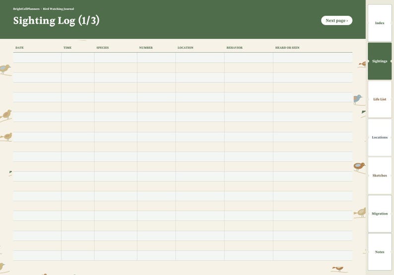May include: A digital bird watching journal page titled Sighting Log (1/3) with a green header and a cream-colored table. The table includes columns for date, time, species, number, location, behavior, and heard or seen. Small bird illustrations decorate the left and right margins, and a navigation tab for Sightings is highlighted in green on the right side.