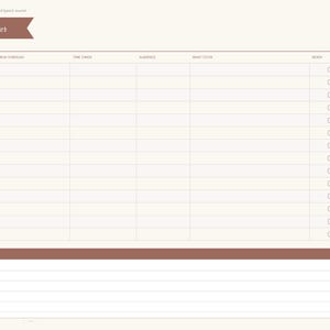 May include: A digital practice tracker page with a brown header labeled Practice Tracker. The layout includes columns for date, run through, time taken, audience, what to fix, and ready checkboxes. A notes section is at the bottom.