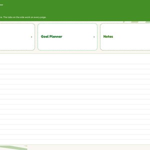 May include: A digital planner interface with a green header labeled Index. It features three rectangular tiles for Setup, Goal Planner, and Notes, plus a large lined area for Quick notes. A vertical sidebar on the right contains navigation tabs.