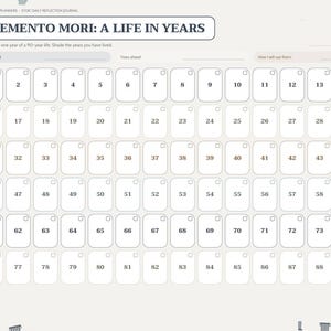 May include: A digital planner page titled Memento Mori: A Life in Years, featuring a grid of ninety numbered boxes representing a 90-year life. The layout includes sections for Years lived, Years ahead, and How I will use them, with a sidebar menu.