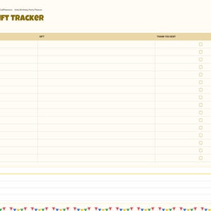 May include: A digital gift tracker planner page with a cream background, featuring a table with columns for From, Gift, and Thank You Sent. The header reads Gift Tracker, and a sidebar lists sections including Index, Details, Theme, and Notes.
