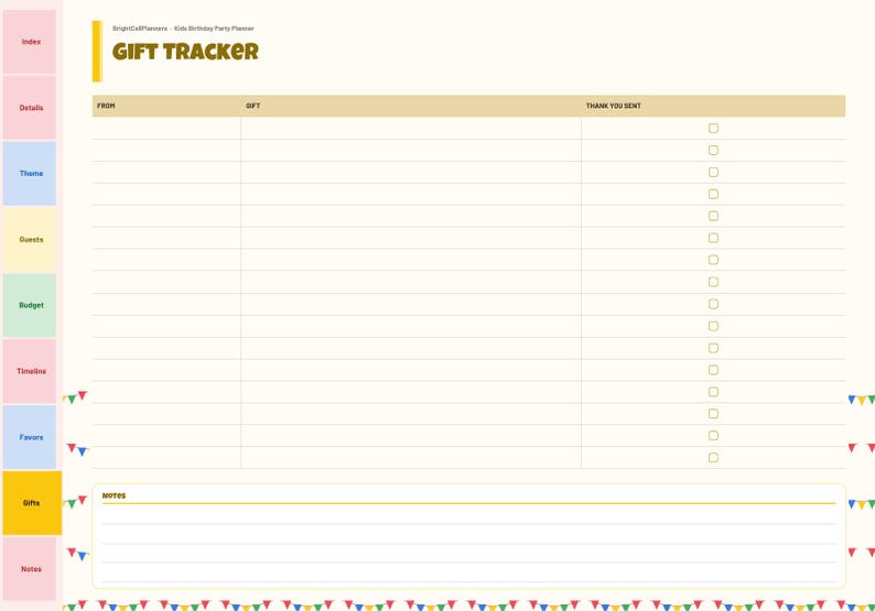 May include: A digital gift tracker planner page with a cream background, featuring a table with columns for From, Gift, and Thank You Sent. The header reads Gift Tracker, and a sidebar lists sections including Index, Details, Theme, and Notes.