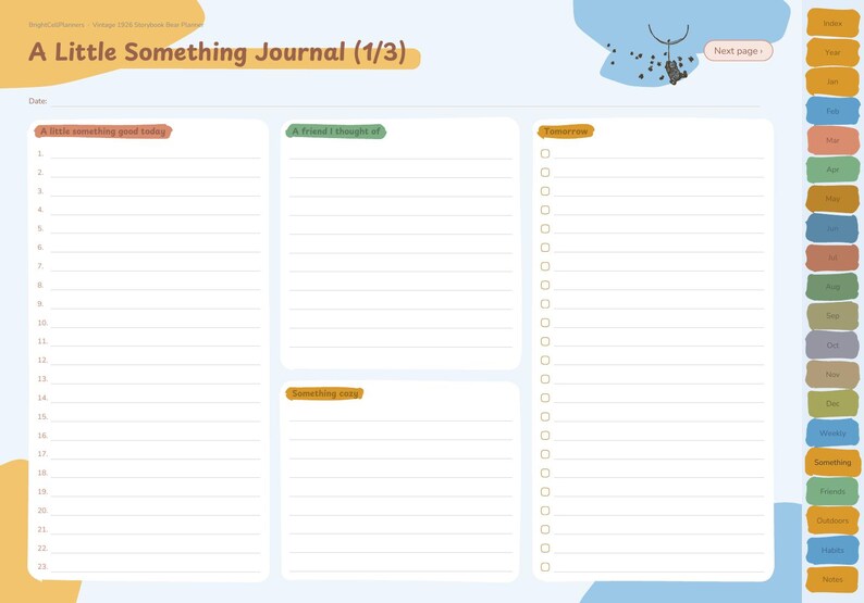 May include: A digital planner page titled A Little Something Journal (1/3) with sections for A little something good today, A friend I thought of, Something new, and Tomorrow. It features a side tab index and a small bear illustration.