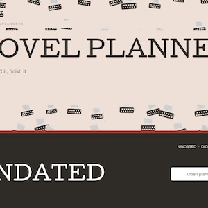 May include: A digital planner interface with a light beige background featuring small dark brown typewriter icons. The text reads NOVEL PLANNER, Plot it, draft it, finish it, UNDATED - DIGITAL PLANNER, UNDATED, and Open planner.