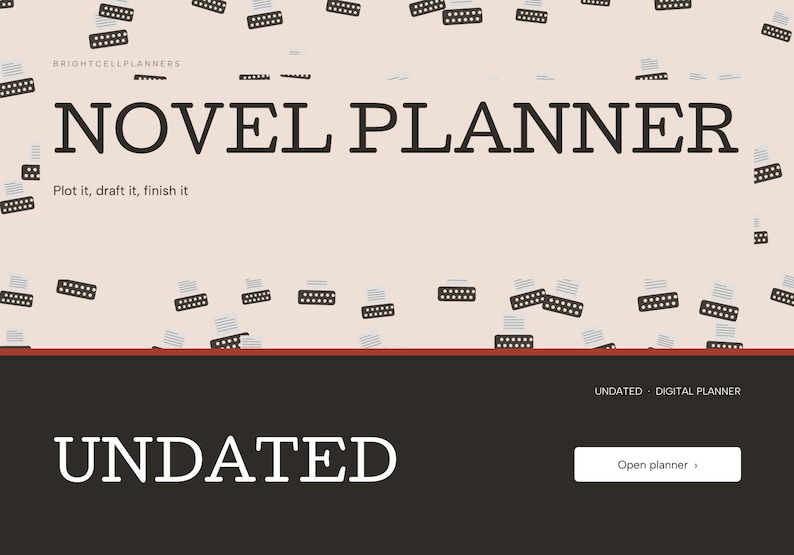May include: A digital planner interface with a light beige background featuring small dark brown typewriter icons. The text reads NOVEL PLANNER, Plot it, draft it, finish it, UNDATED - DIGITAL PLANNER, UNDATED, and Open planner.
