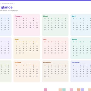 May include: A 2027 digital budget planner page titled Year at a glance, featuring twelve monthly calendars in pastel-colored boxes. A vertical navigation tab menu on the right side includes labels for Index, Year, Setup, months, and financial categories.