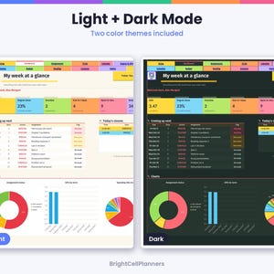May include: A digital student planner dashboard featuring Light and Dark mode options. The interface displays a weekly schedule, GPA tracker, assignment status, and charts. Text includes My week at a glance, Coming up next, and Today's classes.
