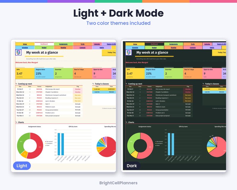 May include: A digital student planner dashboard featuring Light and Dark mode options. The interface displays a weekly schedule, GPA tracker, assignment status, and charts. Text includes My week at a glance, Coming up next, and Today's classes.