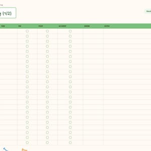May include: A digital dog training potty log planner page with a cream background and green header. The table includes columns for date, time, pee, poop, accident, where, and notes. A side navigation bar lists index, puppy, schedule, commands, potty, socialization, vet, and notes.