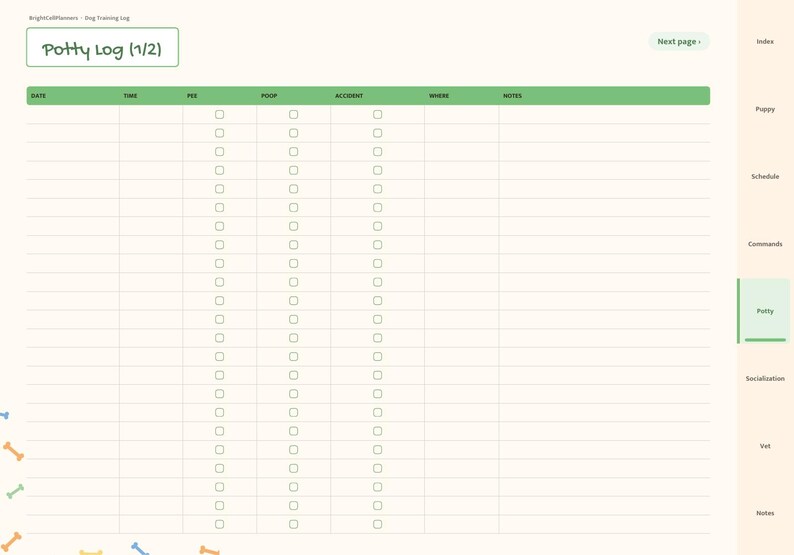 May include: A digital dog training potty log planner page with a cream background and green header. The table includes columns for date, time, pee, poop, accident, where, and notes. A side navigation bar lists index, puppy, schedule, commands, potty, socialization, vet, and notes.