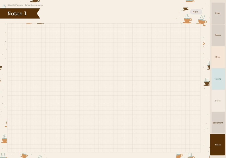Puede incluir: Una p&aacute;gina de diario de preparaci&oacute;n de caf&eacute; digital con fondo de cuadr&iacute;cula, que presenta una pancarta marr&oacute;n etiquetada como Notes 1. El lado derecho muestra un men&uacute; de navegaci&oacute;n vertical con pesta&ntilde;as para Index, Beans, Brew, Tasting, Caf&eacute;s, Equipment y Notes.