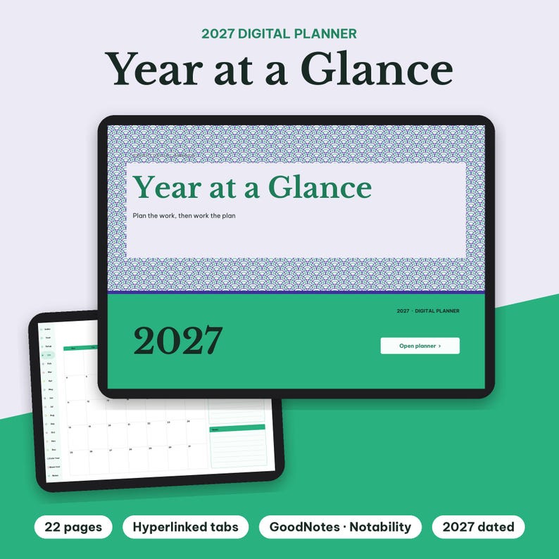 Digitalt år 2027 i korthet, surfplatteår i korthet PDF, hyperlänkad planerare, färgkodat år, tomt år bild 9