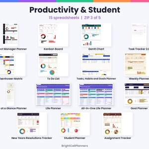 May include: A digital collection of 15 productivity and student spreadsheets labeled Productivity & Student, ZIP 3 of 5, and BrightCellPlanners. Includes planners for projects, kanban, gantt, tasks, habits, goals, life, students, and assignments.
