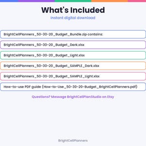 Puede incluir: Una lista de archivos digitales titulada What's Included que incluye BrightCellPlanners_50-30-20_Budget_Bundle.zip, BrightCellPlanners_50-30-20_Budget_Dark.xlsx, BrightCellPlanners_50-30-20_Budget_Light.xlsx y una gu&iacute;a PDF How-to-use.
