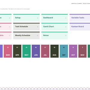 May include: A digital project manager planner index page featuring a grid of navigation tiles labeled Year at a glance, Setup, Dashboard, Variable Tasks, Recurring Tasks, Task Schedule, Gantt Chart, Kanban Board, Eisenhower Matrix, Weekly Schedule, and Notes.