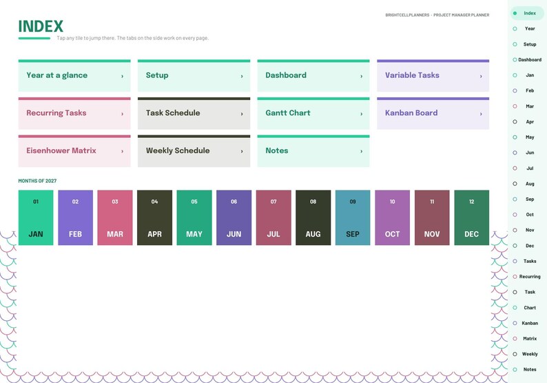 May include: A digital project manager planner index page featuring a grid of navigation tiles labeled Year at a glance, Setup, Dashboard, Variable Tasks, Recurring Tasks, Task Schedule, Gantt Chart, Kanban Board, Eisenhower Matrix, Weekly Schedule, and Notes.