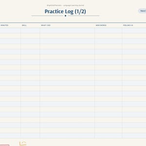 K&ouml;nnte beinhalten: Eine digitale Sprachlern-Journal-Seite mit dem Titel Practice Log (1/2) und einer Tabelle mit Spalten f&uuml;r Datum, Minuten, Fertigkeit, was ich getan habe, neue W&ouml;rter und Gef&uuml;hl 1-5. Eine Navigationsleiste listet Index, Ziele, Vokabeln, Grammatik und mehr.