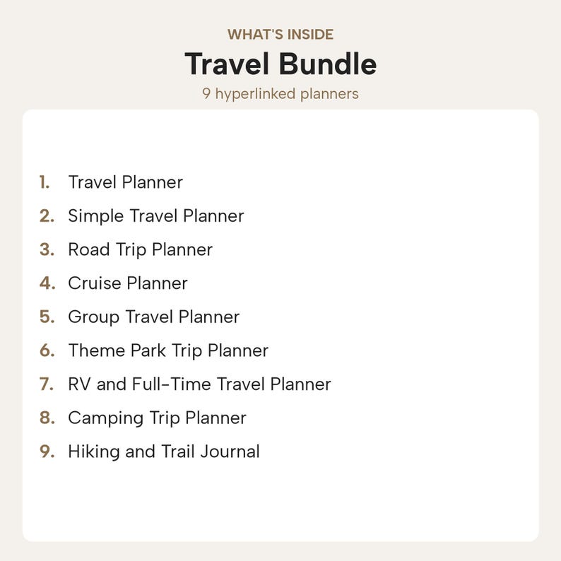 May include: A digital list titled What's Inside Travel Bundle with 9 hyperlinked planners: Travel Planner, Simple Travel Planner, Road Trip Planner, Cruise Planner, Group Travel Planner, Theme Park Trip Planner, RV and Full-Time Travel Planner, Camping Trip Planner, and Hiking and Trail Journal.