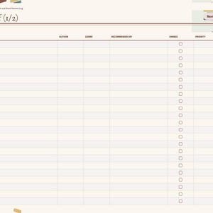 May include: A digital TBR Shelf reading journal page with a light beige background. The header reads TBR Shelf (1/2). Columns include Title, Author, Genre, Recommended By, Owned with checkboxes, and Priority. A navigation sidebar lists sections.