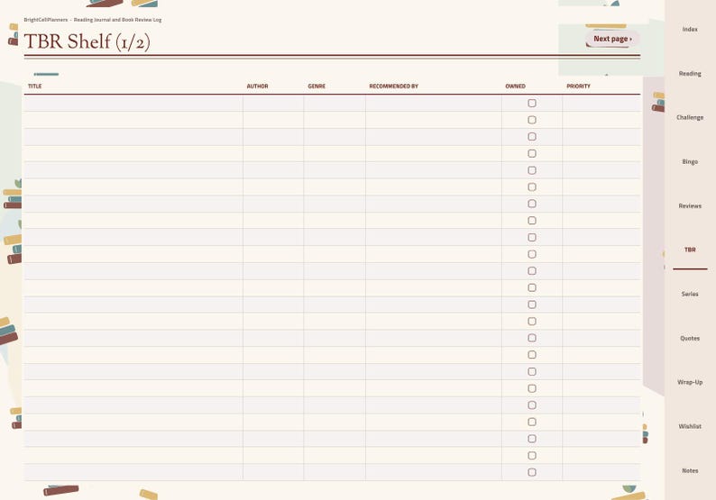 May include: A digital TBR Shelf reading journal page with a light beige background. The header reads TBR Shelf (1/2). Columns include Title, Author, Genre, Recommended By, Owned with checkboxes, and Priority. A navigation sidebar lists sections.