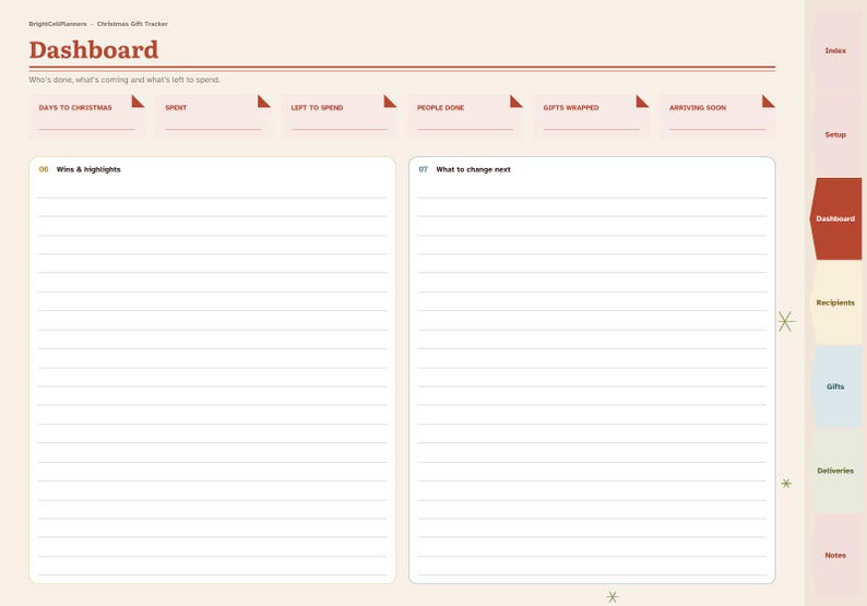 Puede incluir: Una p&aacute;gina de planificador digital para el seguimiento de regalos de Navidad con fondo beige claro. Incluye secciones para d&iacute;as hasta Navidad, gastos, presupuesto restante, personas completadas, regalos envueltos y entregas, y dos &aacute;reas de notas.