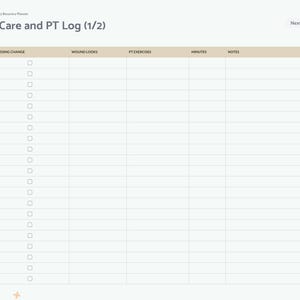 May include: A digital surgery recovery planner page titled Wound Care and PT Log (1/2) featuring a table with columns for Date, Dressing Change, Wound Looks, PT Exercises, Minutes, and Notes, with a sidebar listing Index, Details, Pre-Op, Medication, Wound Care, Pain, Follow-Ups, and Notes.