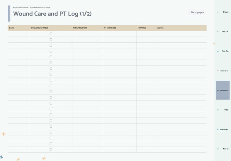 May include: A digital surgery recovery planner page titled Wound Care and PT Log (1/2) featuring a table with columns for Date, Dressing Change, Wound Looks, PT Exercises, Minutes, and Notes, with a sidebar listing Index, Details, Pre-Op, Medication, Wound Care, Pain, Follow-Ups, and Notes.