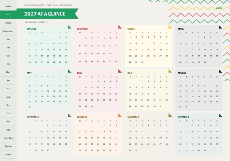 May include: A 2027 digital calendar planner page titled 2027 AT A GLANCE. It features twelve monthly grids in pastel colors with a sidebar navigation menu containing labels like Index, Year, Setup, Dashboard, Daily Log, Review, and Notes.