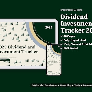 Puede incluir: Un planificador digital 2027 Dividend Investment Tracker mostrado en una pantalla de tableta y tel&eacute;fono inteligente. El dise&ntilde;o presenta un fondo crema con un patr&oacute;n repetitivo de gr&aacute;ficos de barras verde oscuro, un acento de esquina verde oscuro y el texto 2027 Dividend and Investment Tracker.
