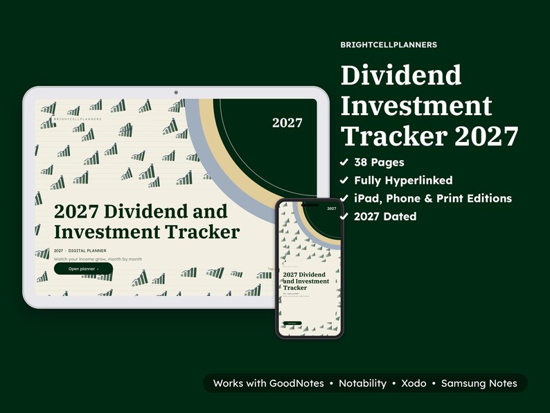 Puede incluir: Un planificador digital 2027 Dividend Investment Tracker mostrado en una pantalla de tableta y tel&eacute;fono inteligente. El dise&ntilde;o presenta un fondo crema con un patr&oacute;n repetitivo de gr&aacute;ficos de barras verde oscuro, un acento de esquina verde oscuro y el texto 2027 Dividend and Investment Tracker.