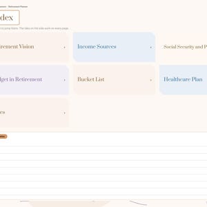 K&ouml;nnte beinhalten: Eine digitale Indexseite f&uuml;r einen Ruhestandsplaner mit einer Navigationsleiste an der Seite und anklickbaren Kacheln mit den Bezeichnungen Retirement Vision, Income Sources, Social Security and Pension Notes, Budget in Retirement, Bucket List und Healthcare Plan.