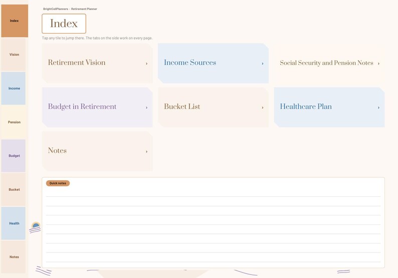 K&ouml;nnte beinhalten: Eine digitale Indexseite f&uuml;r einen Ruhestandsplaner mit einer Navigationsleiste an der Seite und anklickbaren Kacheln mit den Bezeichnungen Retirement Vision, Income Sources, Social Security and Pension Notes, Budget in Retirement, Bucket List und Healthcare Plan.