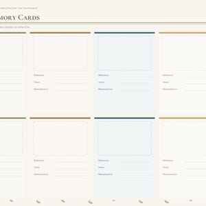 May include: A digital planner page titled Verse Memory Cards with eight rectangular boxes for sketching or writing. Each box includes lines for Reference, Verse, and Memorized on. The layout features a side tab menu with labels including Index, Year, Plan, Checklist, Reflection, Verses, Books, Prayer, and Notes.