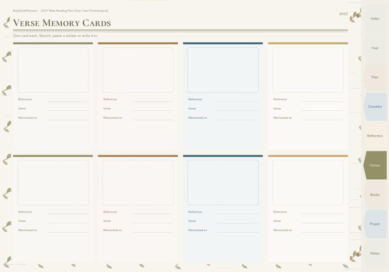 May include: A digital planner page titled Verse Memory Cards with eight rectangular boxes for sketching or writing. Each box includes lines for Reference, Verse, and Memorized on. The layout features a side tab menu with labels including Index, Year, Plan, Checklist, Reflection, Verses, Books, Prayer, and Notes.