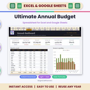 May include: An annual budget spreadsheet for Excel and Google Sheets titled Ultimate Annual Budget. The interface displays an annual dashboard with financial data, monthly income and spending tables, and a bar chart comparing income versus spending.