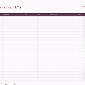 May include: A digital Daily Dose Log (1/3) page for a hormone therapy tracker. The layout features a table with columns for date, medication, dose, time, site or route, and a checkbox for taken. A sidebar lists index, plan, doses, sites, labs, and notes.