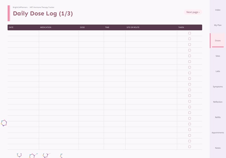 May include: A digital Daily Dose Log (1/3) page for a hormone therapy tracker. The layout features a table with columns for date, medication, dose, time, site or route, and a checkbox for taken. A sidebar lists index, plan, doses, sites, labs, and notes.