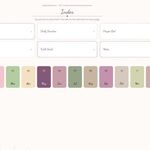 May include: A digital planner index page titled 2027 Christian Womens Devotional Planner. It features sections for 2027 at a glance, Daily Devotion, Prayer List, Weekly Plan, Faith Goals, and Notes, with a sidebar of navigation tabs.