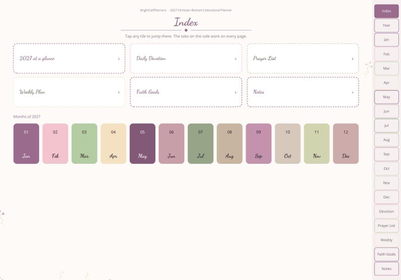 May include: A digital planner index page titled 2027 Christian Womens Devotional Planner. It features sections for 2027 at a glance, Daily Devotion, Prayer List, Weekly Plan, Faith Goals, and Notes, with a sidebar of navigation tabs.