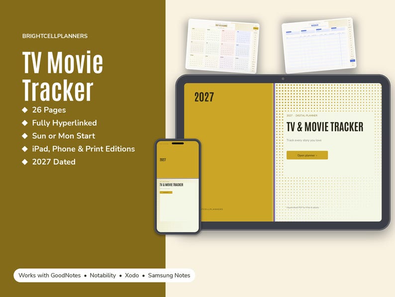 2027 Digital TV & Movie Tracker, Tablet TV and Movie Tracker PDF, Hyperlinked Planner, Watch Log, Show Progress, Watchlist image 1