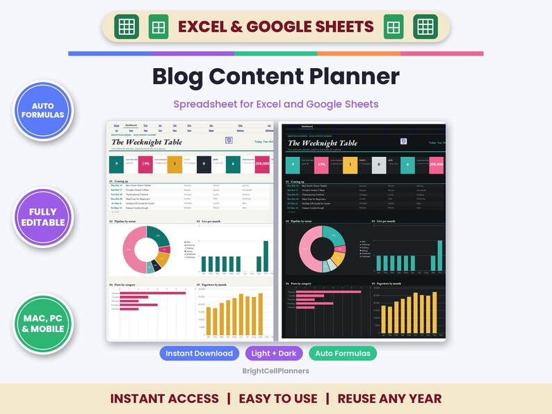 May include: A digital blog content planner spreadsheet for Excel and Google Sheets featuring light and dark mode interfaces. The dashboard displays The Weeknight Table, data charts, donut graphs, and bar charts for tracking content metrics.