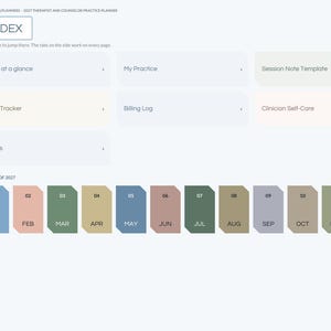 May include: A digital planner index page for 2027 titled Brightcell Planners, featuring navigation tabs for months and categories like CEU Tracker, Billing Log, and Session Note Template. The layout includes twelve colored month buttons.